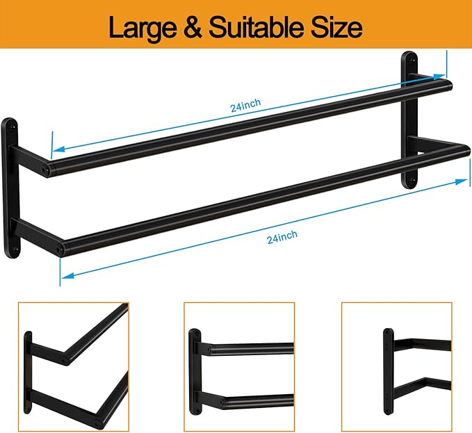 Double Towel Bar, 24Inch Towel Rack for Bathroom, Stainless Steel Double Bath Towel Bar, Wall Mounted Towel Holder, Double Towel Rod Towel Rail Hanger for Wall, Kitchen (Matte Black)