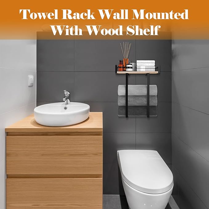 Towel Racks for Bathroom Wall Mounted, Metal Towel Holder with Wooden Shelf for Folding Large Towels, Towel Storage for Small Bathroom Organizer Decor or RV Camping