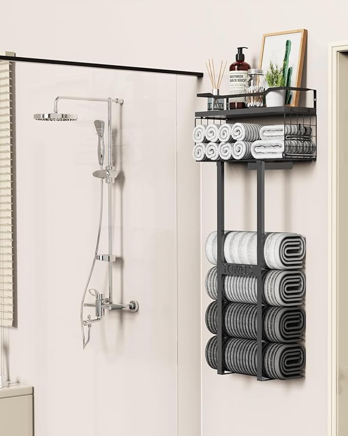 Towel Racks for Bathroom 31inch Wall Mounted Towel Rack,Floating Shelf with Wood Plank,Towel Storage for Bathroom can Holds 6 Large Rolled Towels,All Black