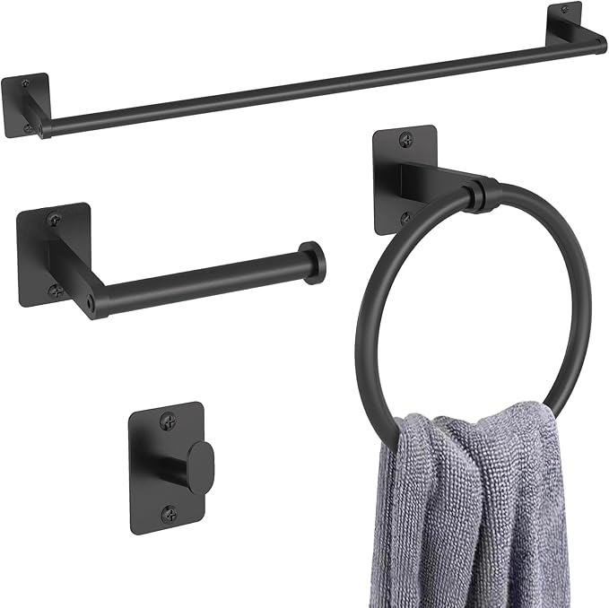 Matte Black Bathroom Accessories Set, 4 Pieces Bathroom Hardware Set, 24 inch Towel Bar, Towel Racks for Bathroom, Robe Towel Hooks, Toilet Paper Holder Wall Mounted
