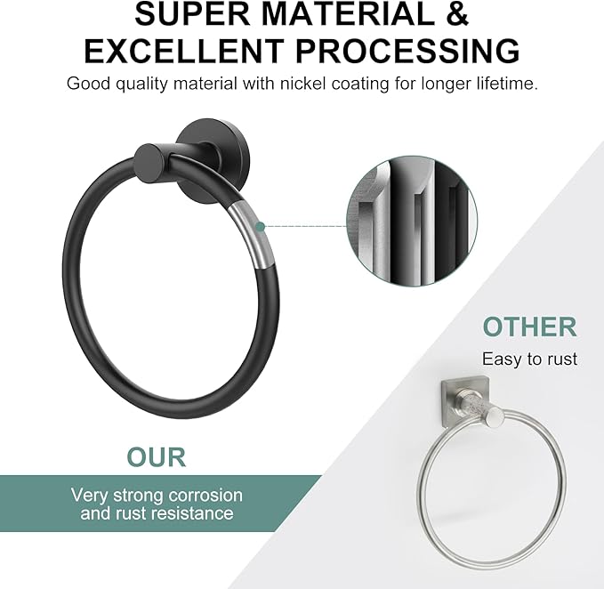 Towel Holder for Bathroom Wall Matte Black Towel Ring Stainless Steel Hand Towel Holder Heavy Duty Towel Hanger for Bath, Kitchen