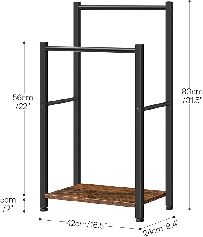 Free Standing Towel Rack for Bathroom, 2 Tier Blanket Rack, 16.5" L x 9.4" W x 31.5" H, Blanket Holder, Drying and Display Rack with Shelf, Rustic Brown and Black