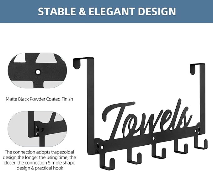 Over The Door Hooks, Towel Rack Towel Hooks for Bathroom, Towel Holder for Hanging Heavy Duty, Door Rack Over Door Hanger with 5 Coat Hooks for Bedroom Bathroom Kitchen, Black