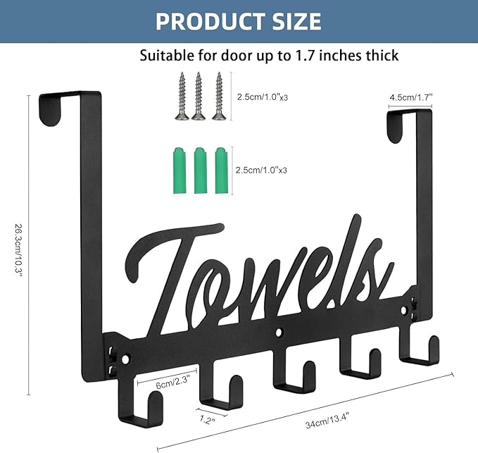 Over The Door Hooks, Towel Rack Towel Hooks for Bathroom, Towel Holder for Hanging Heavy Duty, Door Rack Over Door Hanger with 5 Coat Hooks for Bedroom Bathroom Kitchen, Black