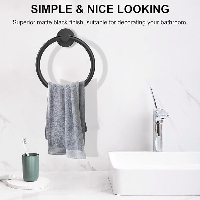 Towel Holder for Bathroom Wall Matte Black Towel Ring Stainless Steel Hand Towel Holder Heavy Duty Towel Hanger for Bath, Kitchen