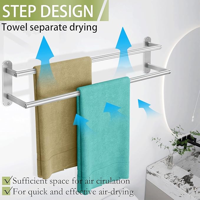 Towel Rack for Bathroom, Double Towel Bar 24Inch, Stainless Steel Bathroom Towel Holder, Double Towel Hanger Wall Mounted Towel Rod, Bathroom Towel Rack(Brushed Nickel)