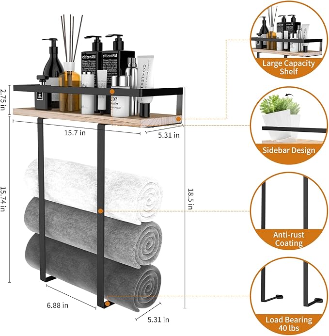 Towel Racks for Bathroom Wall Mounted, Metal Towel Holder with Wooden Shelf for Folding Large Towels, Towel Storage for Small Bathroom Organizer Decor or RV Camping