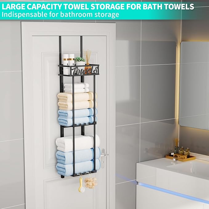 Towel Rack Bathroom Storage - 3 Tier Over The Door & Wall Mounted Rolled Towel Racks Holder Organizer with Metal Shelf and 6 Hooks for Small Bathroom, Camper, Rv - Black