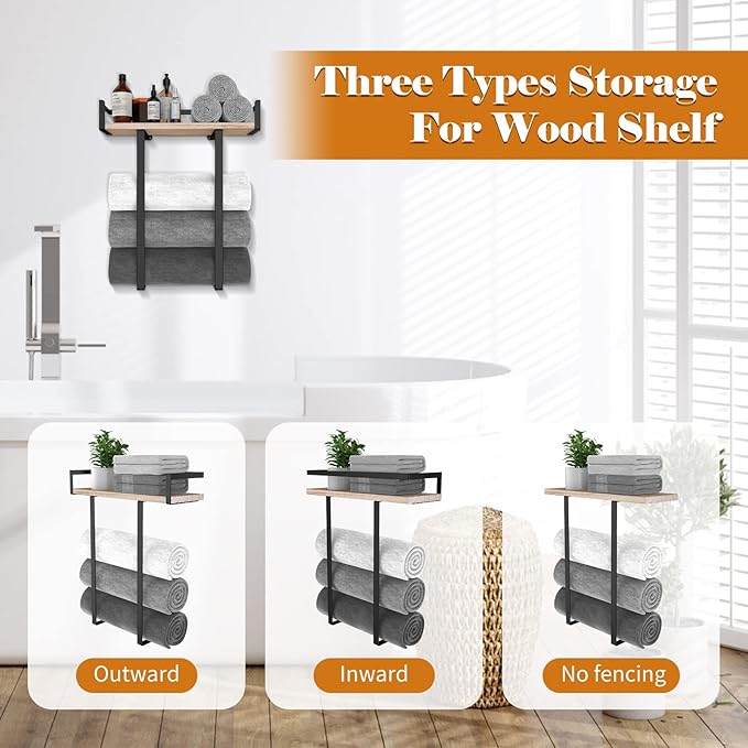 Towel Racks for Bathroom Wall Mounted, Metal Towel Holder with Wooden Shelf for Folding Large Towels, Towel Storage for Small Bathroom Organizer Decor or RV Camping