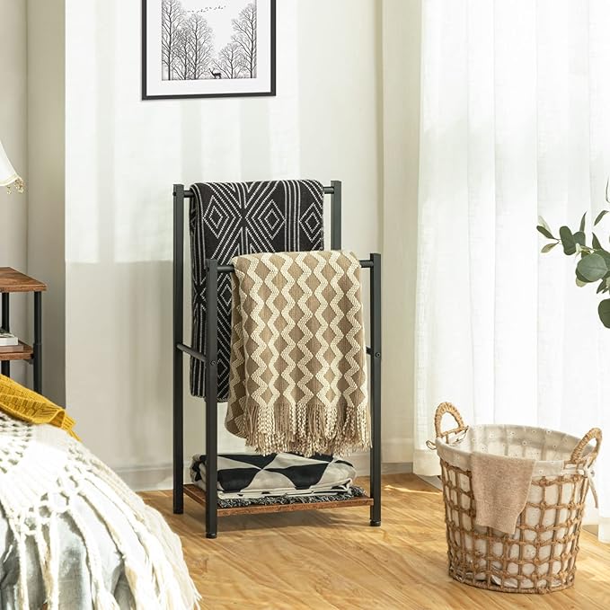 Free Standing Towel Rack for Bathroom, 2 Tier Blanket Rack, 16.5" L x 9.4" W x 31.5" H, Blanket Holder, Drying and Display Rack with Shelf, Rustic Brown and Black