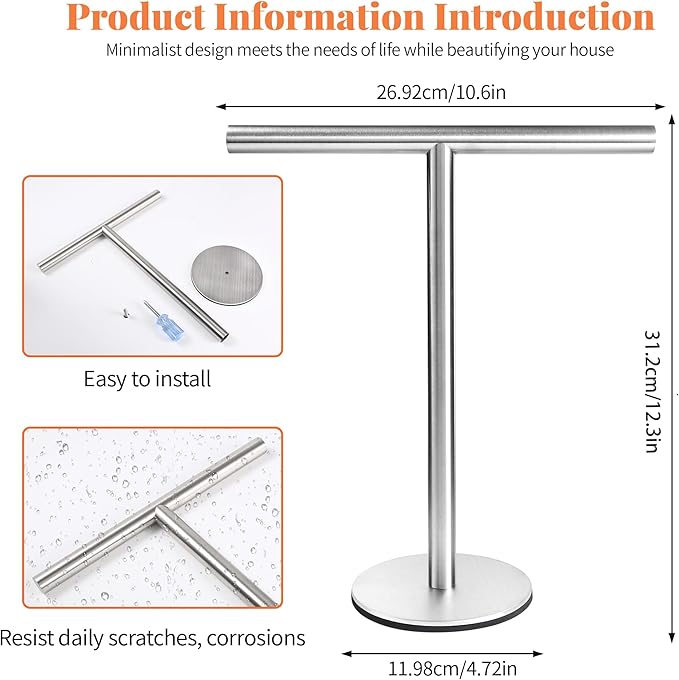Bath Hand Towel Holder Standing, T-Shape Towel Bar Rack Stand, Stainless Steel Brushed Finish,Tower Bar for Bathroom Kitchen Vanity Countertop