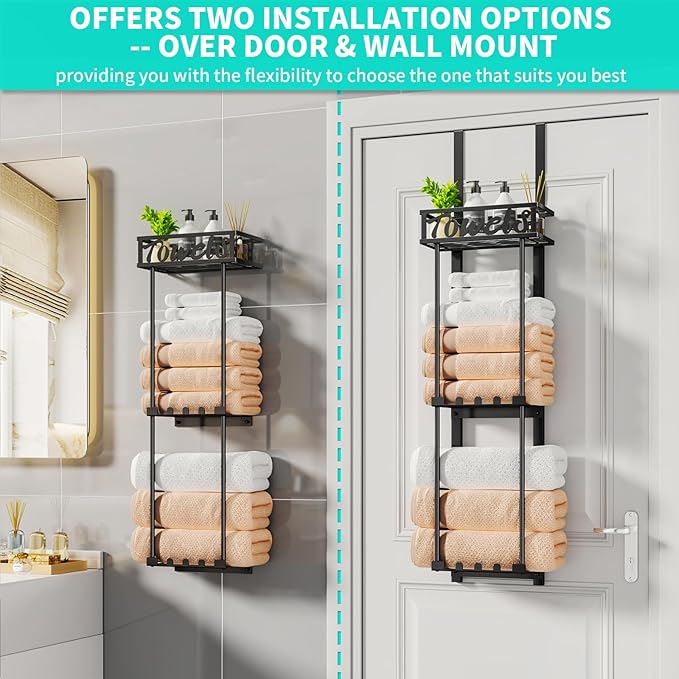 Towel Rack Bathroom Storage - 3 Tier Over The Door & Wall Mounted Rolled Towel Racks Holder Organizer with Metal Shelf and 6 Hooks for Small Bathroom, Camper, Rv - Black