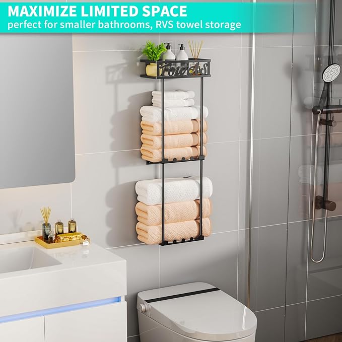 Towel Rack Bathroom Storage - 3 Tier Over The Door & Wall Mounted Rolled Towel Racks Holder Organizer with Metal Shelf and 6 Hooks for Small Bathroom, Camper, Rv - Black