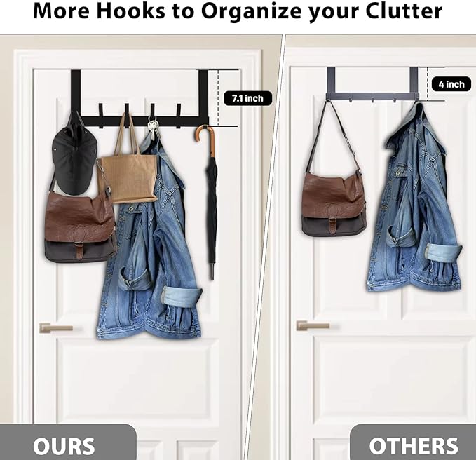Over The Door Hooks, Door Hanger Hooks for Hanging, Over The Doors Towel Racks for Bathroom with 12 Coat Hook, Coat Rack Dorm Essentials Bathroom Accessories(1 Pack, Black)