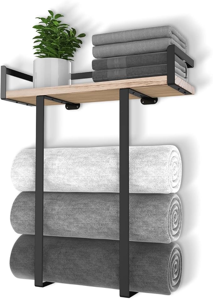 Towel Racks for Bathroom Wall Mounted, Metal Towel Holder with Wooden Shelf for Folding Large Towels, Towel Storage for Small Bathroom Organizer Decor or RV Camping