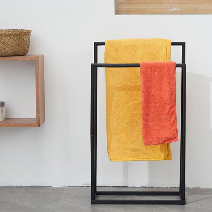 Free Standing Towel Rack, 2 Tier Towel Racks for Bathroom with Storage Shelves, Modern Outdoor Standing Towel Drying Rack for Poolside, Black Blanket Rack Holder