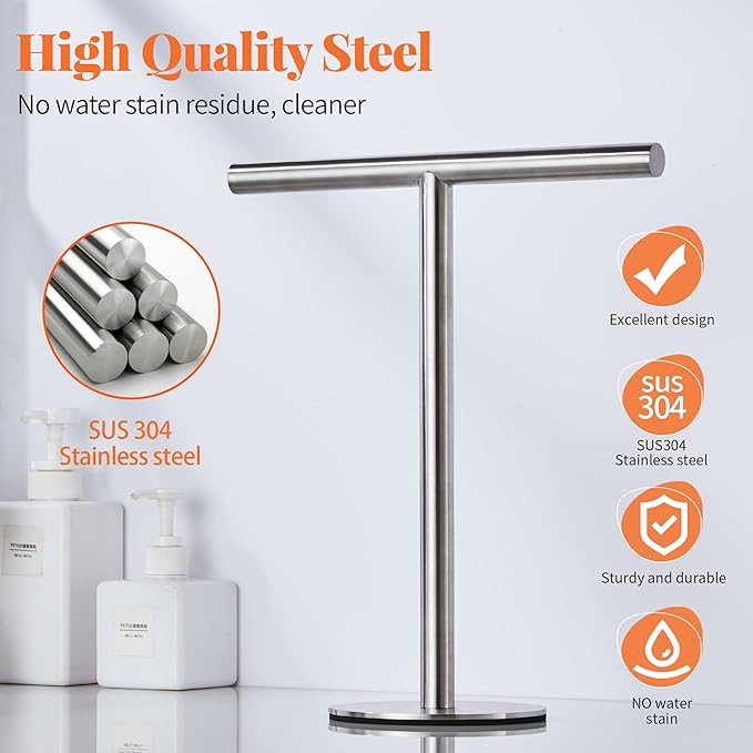 Bath Hand Towel Holder Standing, T-Shape Towel Bar Rack Stand, Stainless Steel Brushed Finish,Tower Bar for Bathroom Kitchen Vanity Countertop