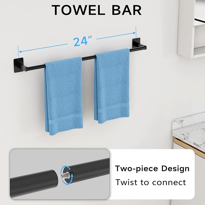 Matte Black Bathroom Accessories Set, 4 Pieces Bathroom Hardware Set, 24 inch Towel Bar, Towel Racks for Bathroom, Robe Towel Hooks, Toilet Paper Holder Wall Mounted
