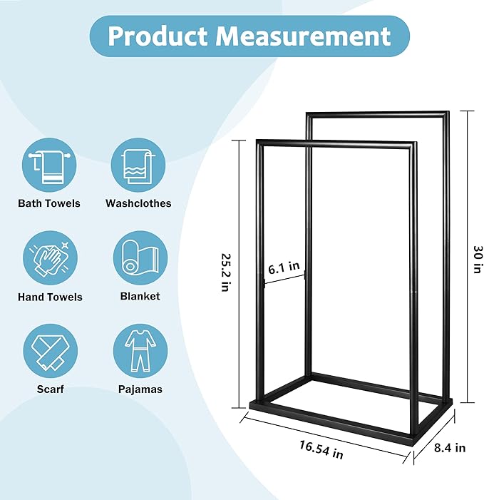 Free Standing Towel Rack, 2 Tier Towel Racks for Bathroom with Storage Shelves, Modern Outdoor Standing Towel Drying Rack for Poolside, Black Blanket Rack Holder