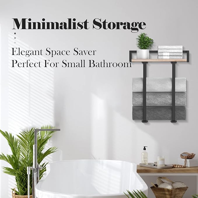 Towel Racks for Bathroom Wall Mounted, Metal Towel Holder with Wooden Shelf for Folding Large Towels, Towel Storage for Small Bathroom Organizer Decor or RV Camping