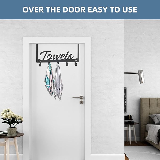 Over The Door Hooks, Towel Rack Towel Hooks for Bathroom, Towel Holder for Hanging Heavy Duty, Door Rack Over Door Hanger with 5 Coat Hooks for Bedroom Bathroom Kitchen, Black