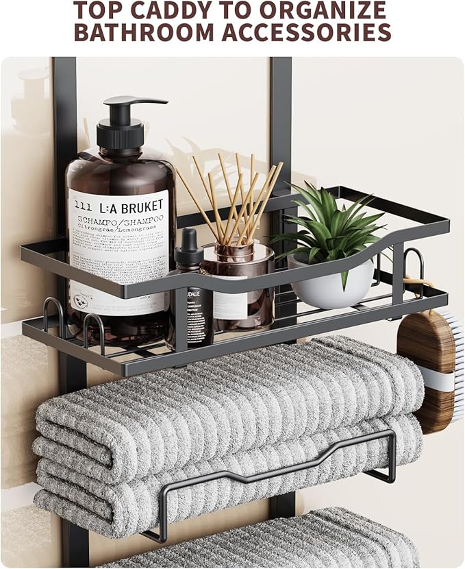 Hanging Towel Racks for Bathroom No Drill - 6-Tier Over The Door Bath Towel Storage Organizer for Small Bathrooms - Tiered Back of Door Towel Holder Hanger for Rolled Towels RV Camper Black