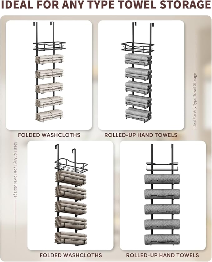 Hanging Towel Racks for Bathroom No Drill - 6-Tier Over The Door Bath Towel Storage Organizer for Small Bathrooms - Tiered Back of Door Towel Holder Hanger for Rolled Towels RV Camper Black