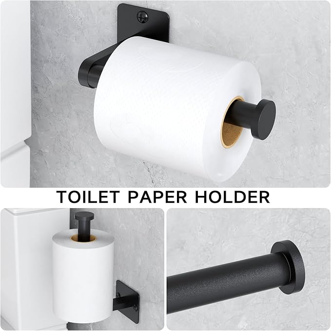 Matte Black Bathroom Accessories Set, 4 Pieces Bathroom Hardware Set, 24 inch Towel Bar, Towel Racks for Bathroom, Robe Towel Hooks, Toilet Paper Holder Wall Mounted