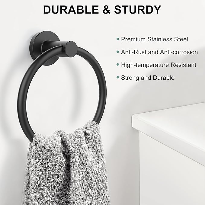 Towel Holder for Bathroom Wall Matte Black Towel Ring Stainless Steel Hand Towel Holder Heavy Duty Towel Hanger for Bath, Kitchen