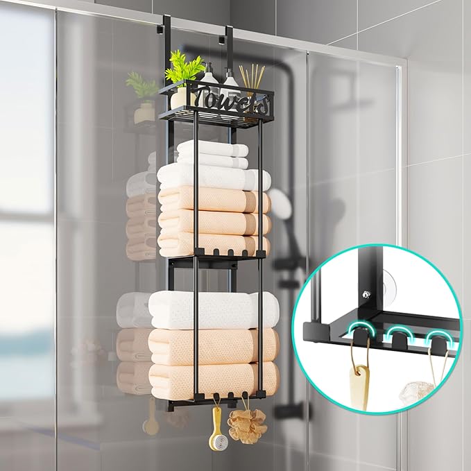 Towel Rack Bathroom Storage - 3 Tier Over The Door & Wall Mounted Rolled Towel Racks Holder Organizer with Metal Shelf and 6 Hooks for Small Bathroom, Camper, Rv - Black