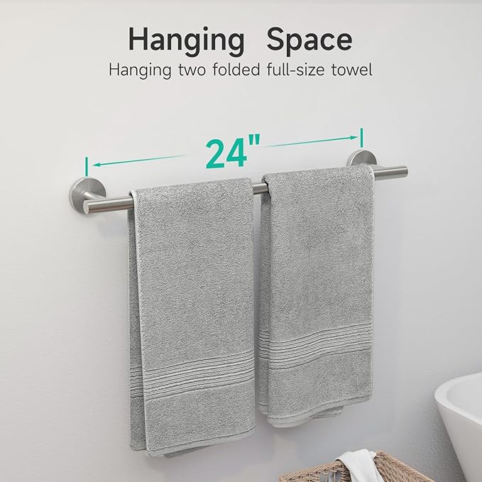 Brushed Nickel Towel Bar, 24-Inch Towel Rack for Bathroom Wall Mounted, Thicken Stainless Steel Towel Rod Modern Home Decor (Total Length 26-Inch)