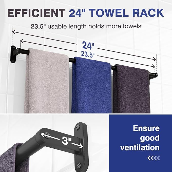 Towel Rack for Bathroom - 24" Rustproof Towel Holder, Sturdy Towel Bar Wall Mounted, Space-Saving Towel Hanger, Bathroom Accessories, Home Decor, Apparment Essentials, Black