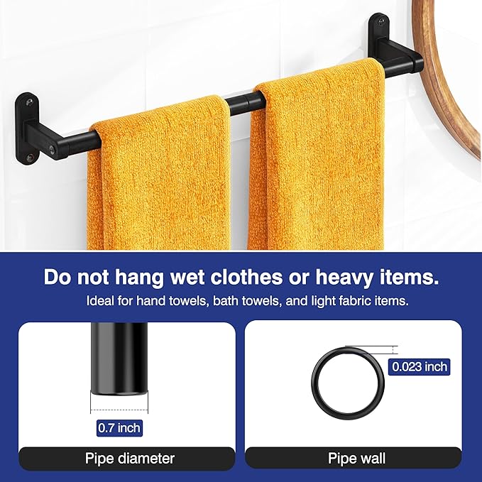 Towel Rack for Bathroom - 24" Rustproof Towel Holder, Sturdy Towel Bar Wall Mounted, Space-Saving Towel Hanger, Bathroom Accessories, Home Decor, Apparment Essentials, Black