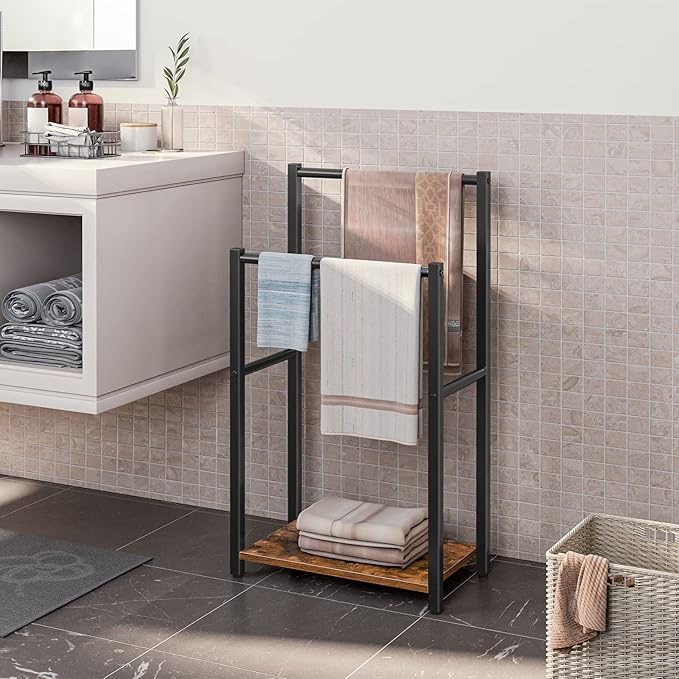 Free Standing Towel Rack for Bathroom, 2 Tier Blanket Rack, 16.5" L x 9.4" W x 31.5" H, Blanket Holder, Drying and Display Rack with Shelf, Rustic Brown and Black