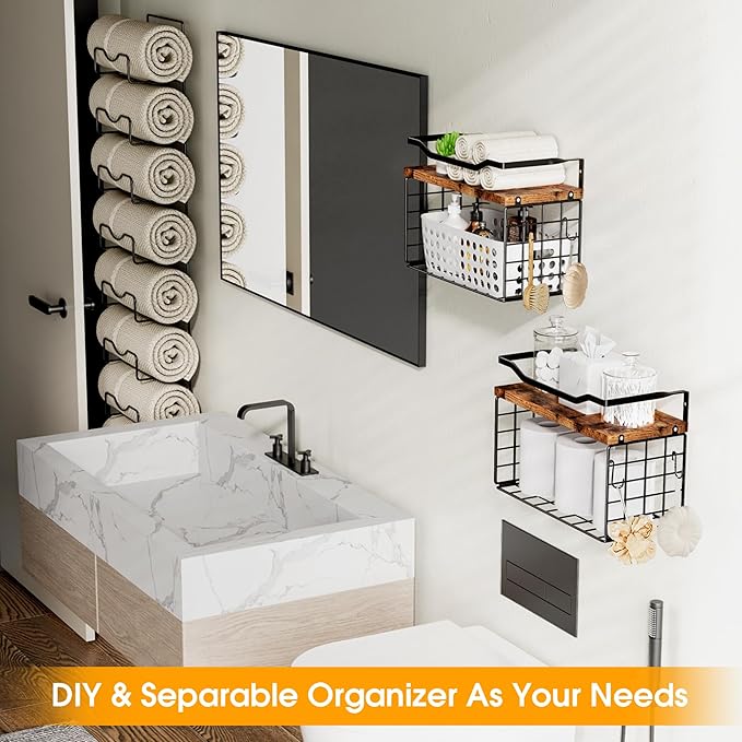 Towel Racks for Bathroom,Towel Rack Wall Mounted, 6 Tier Rolled Or Folded Towel Holder with Floating Shelves, Bathroom Towel Holder for Bath, Hand Towels,Metal and Wood