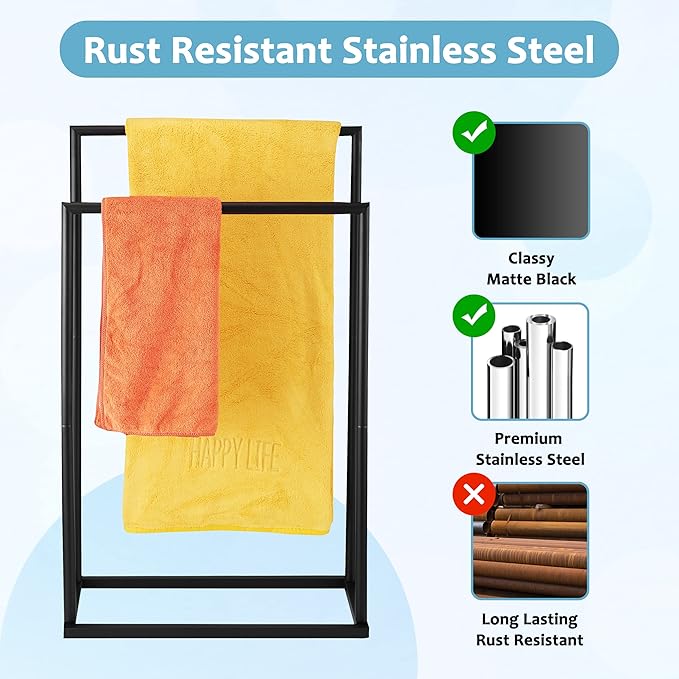 Free Standing Towel Rack, 2 Tier Towel Racks for Bathroom with Storage Shelves, Modern Outdoor Standing Towel Drying Rack for Poolside, Black Blanket Rack Holder