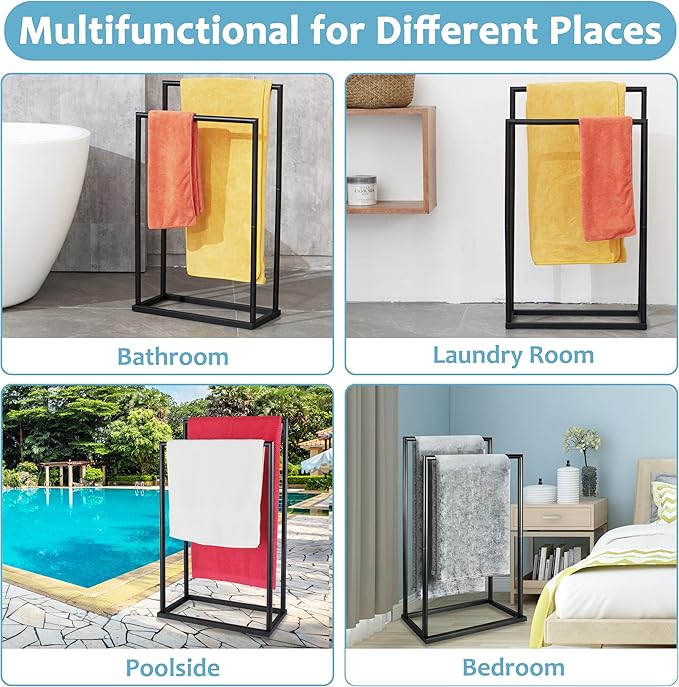 Free Standing Towel Rack, 2 Tier Towel Racks for Bathroom with Storage Shelves, Modern Outdoor Standing Towel Drying Rack for Poolside, Black Blanket Rack Holder