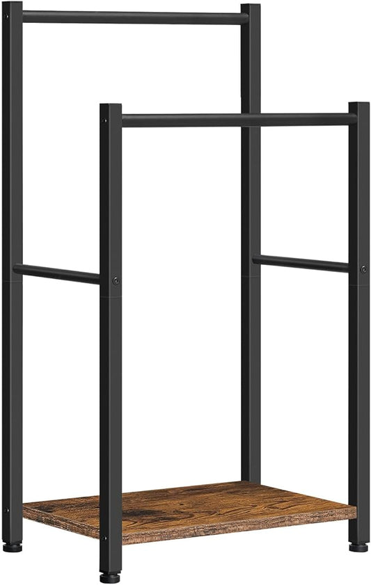 Free Standing Towel Rack for Bathroom, 2 Tier Blanket Rack, 16.5" L x 9.4" W x 31.5" H, Blanket Holder, Drying and Display Rack with Shelf, Rustic Brown and Black