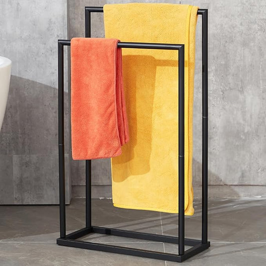Free Standing Towel Rack, 2 Tier Towel Racks for Bathroom with Storage Shelves, Modern Outdoor Standing Towel Drying Rack for Poolside, Black Blanket Rack Holder