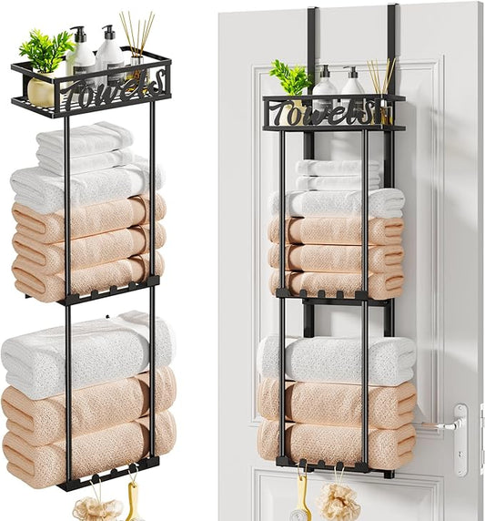 Towel Rack Bathroom Storage - 3 Tier Over The Door & Wall Mounted Rolled Towel Racks Holder Organizer with Metal Shelf and 6 Hooks for Small Bathroom, Camper, Rv - Black