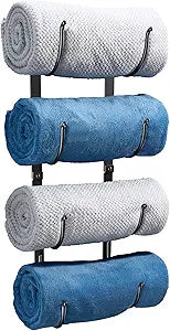 Bathroom Rolled Towel Rack: 4-Tier Wall Mounted Towel Storage Holder, Hanging Organizer for Towels, Blankets, Large Bath Sheets, Space Saving in RV, Closet, Toilet, Cabinet, Black Metal
